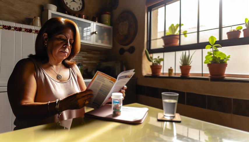 Mujer hispana de mediana edad sentada en una mesa de cocina, leyendo un folleto titulado 'Educación Sanitaria'. La escena está iluminada por luz natural, transmitiendo una atmósfera de empoderamiento y autocuidado. En la mesa hay un organizador de pastillas y un cuaderno, simbolizando el autocontrol de la enfermedad y la adherencia terapéutica.