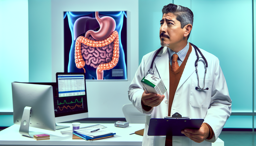 Doctor hispano de mediana edad en consultorio médico moderno, sosteniendo una caja de Pantoprazol y un portapapeles. En el fondo, un póster del sistema digestivo con enfoque en el estómago. En el escritorio, libros médicos y una computadora con un gráfico de niveles de ácido estomacal. La imagen destaca la consideración cuidadosa de los efectos del Pantoprazol y la prevención de complicaciones como la infección por Clostridium difficile e hipomagnesemia.