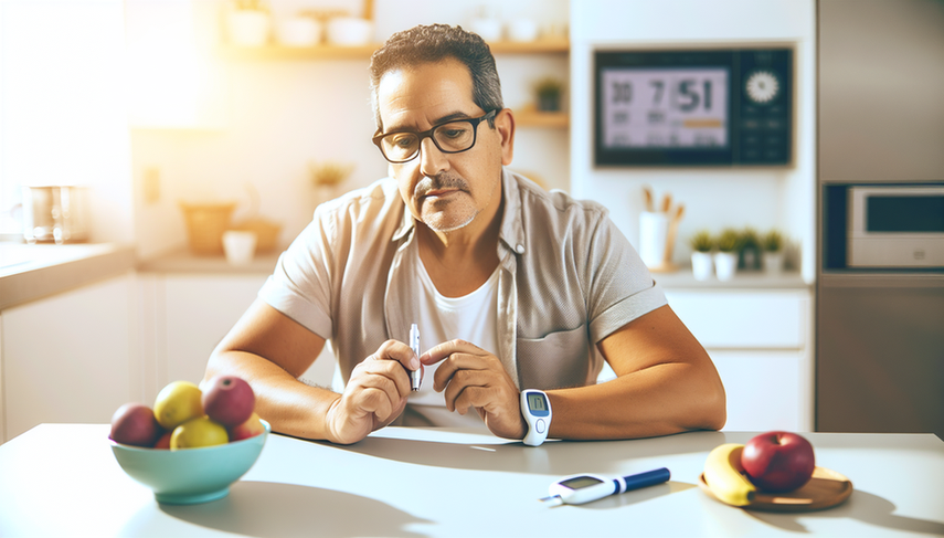 Hombre hispano de mediana edad sentado en una cocina moderna, observando un glucómetro en su mano. En la mesa hay una pluma de insulina y un tazón de frutas frescas, simbolizando el manejo cuidadoso de la diabetes. La luz del sol ilumina la escena, sugiriendo un enfoque en la salud y el control glucémico.