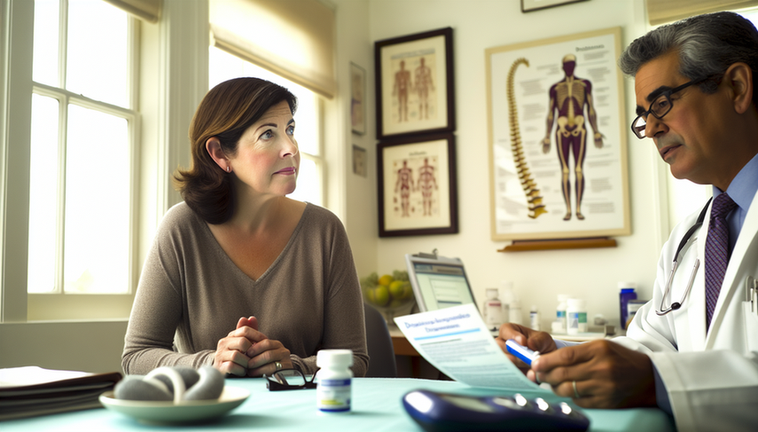 Mujer hispana de mediana edad en consultorio médico, sosteniendo un frasco de prednisona y mirando un folleto sobre efectos secundarios. El médico, también hispano, le explica sobre la densidad ósea con un modelo de columna vertebral. En el escritorio hay un medidor de glucosa y frutas, simbolizando el manejo de la hiperglucemia. La escena refleja un ambiente profesional y esperanzador.