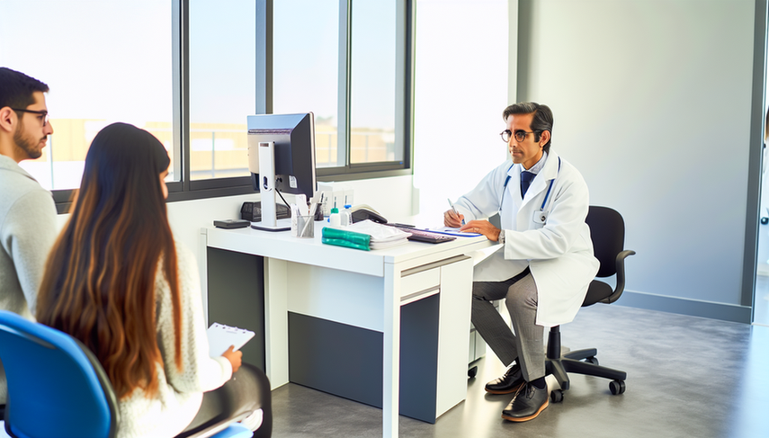 Consultorio médico moderno en una clínica española, iluminado con luz natural. Un médico español de mediana edad escucha atentamente a una paciente joven. El ambiente refleja eficiencia y colaboración en la atención médica, con un escritorio organizado y herramientas médicas dispuestas ordenadamente.