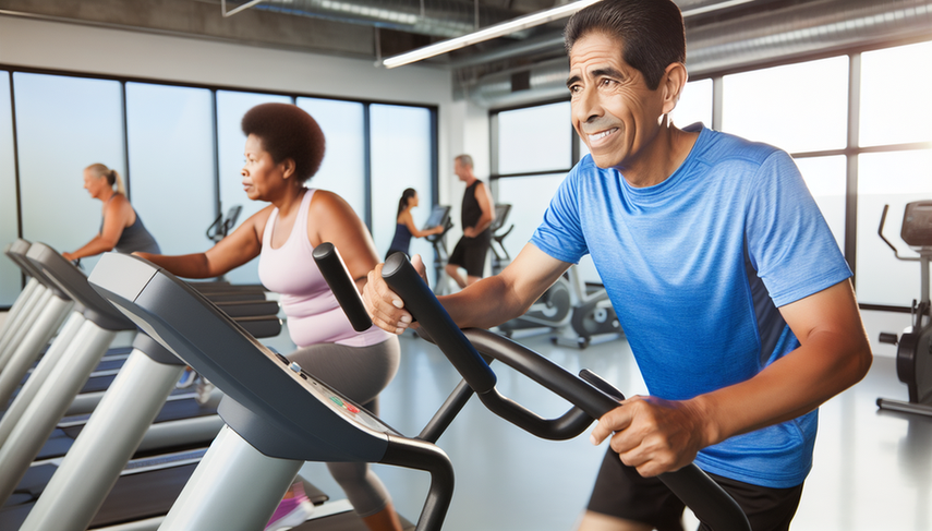 Un hombre y una mujer hispanos de mediana edad ejercitándose juntos en un gimnasio moderno y luminoso. El hombre está en una caminadora y la mujer en una bicicleta estática, ambos lucen saludables y comprometidos con su actividad física. La imagen resalta la importancia del ejercicio en el manejo de enfermedades crónicas.