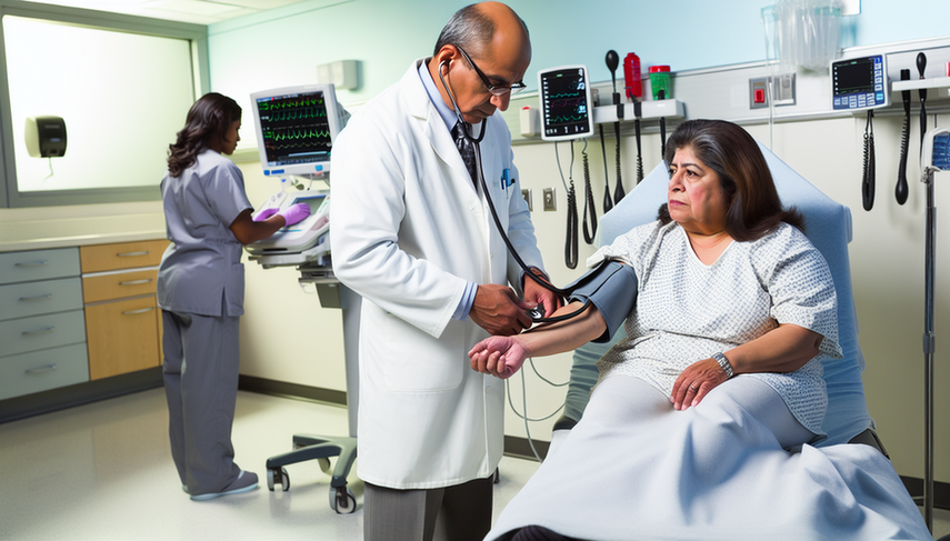 A Hispanic doctor in his 40s, wearing a white coat and stethoscope, measures the blood pressure of a Hispanic female patient in her 60s in an emergency room. The patient, calm and in a hospital gown, is seated on a bed. In the background, monitors display vital signs while a nurse organizes medical supplies. This scene emphasizes the critical importance of immediate treatment in hypertensive emergencies and urgencies to prevent organ damage from extreme blood pressure.