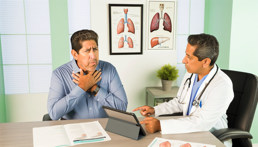 Un paciente hispano de mediana edad con tos leve consulta a una doctora hispana sobre los efectos adversos del enalapril. La doctora, con una bata blanca y un estetoscopio, le muestra un diagrama del sistema respiratorio en una tableta. En el escritorio hay folletos médicos sobre enalapril, destacando la tos seca y el riesgo de angioedema. La oficina es moderna y transmite confianza y empatía.