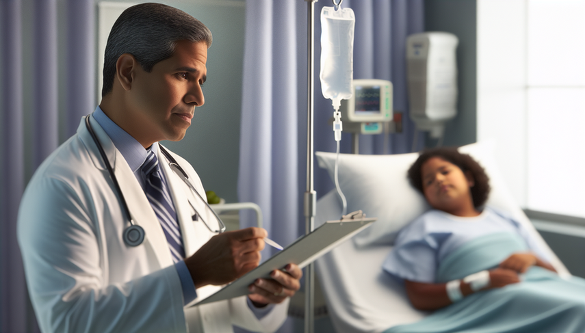 A Hispanic doctor in his 40s carefully reviews a patient's medical history, symbolizing the dedication to the early identification of central nervous system infections such as acute encephalitis and meningitis. In the background, a Hispanic nurse adjusts the intravenous drip of a hospitalized child, highlighting the professional and calm environment of the hospital, essential for assessing symptoms like fever and neck stiffness in the differential diagnosis of these conditions.