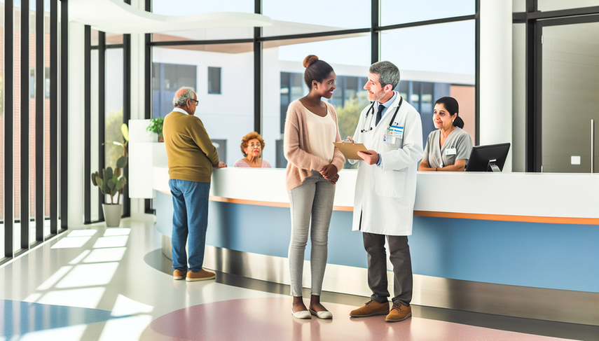 Modern hospital reception in Spain featuring a Hispanic doctor attentively listening to a young patient discussing a patient satisfaction survey, while a nurse assists an elderly couple at the counter. The bright and contemporary environment reflects a commitment to improving care quality through patient feedback and collaboration.