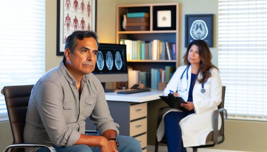 Un hombre hispano de mediana edad en un consultorio médico moderno, con expresión pensativa, frente a una doctora hispana que lo escucha atentamente. En el escritorio, una pantalla muestra una imagen de escaneo cerebral, sugiriendo una discusión sobre la enfermedad de Creutzfeldt-Jakob y la diferenciación de encefalopatías.