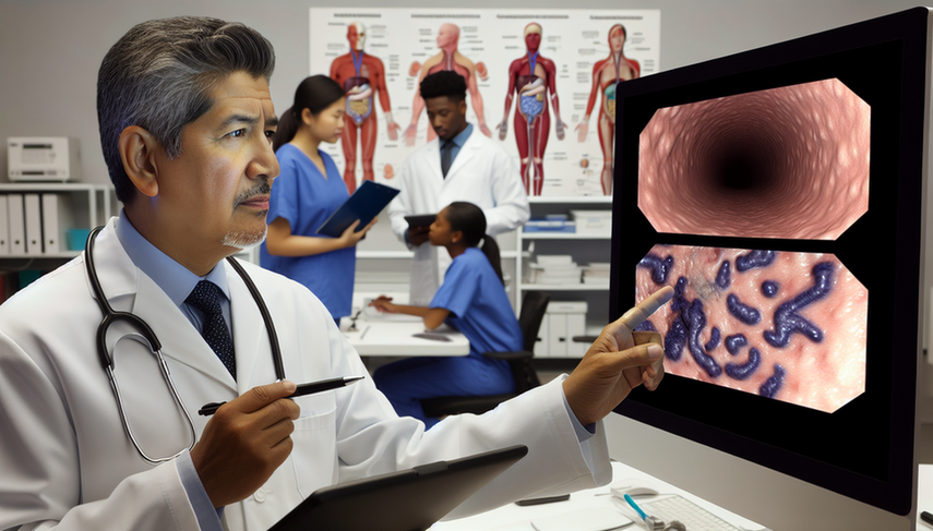 Fotografía de un médico hispano de mediana edad en un hospital moderno, revisando imágenes endoscópicas en una pantalla. Las imágenes muestran la apariencia de empedrado característica de la enfermedad de Crohn y la inflamación continua típica de la colitis ulcerosa. En el fondo, un grupo diverso de profesionales médicos discute, creando un ambiente de colaboración y aprendizaje.