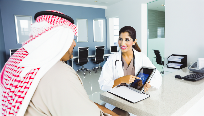 Paciente hispano de mediana edad en consulta médica moderna, escuchando atentamente a una doctora hispana que le explica el diagnóstico de la enfermedad de Fabry usando una tableta digital. La interacción destaca la comunicación en el diagnóstico de Fabry, diferenciando de procesos neurológicos como la esclerosis múltiple.