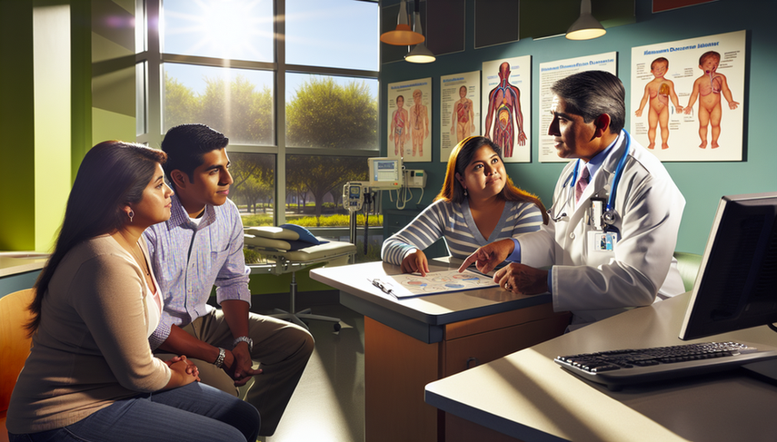 Consulta médica en una clínica moderna, donde un médico hispano de mediana edad explica a una familia hispana las diferencias entre la enfermedad de Gaucher y la enfermedad de Niemann-Pick. El médico señala un diagrama en un gráfico, mientras la familia, compuesta por una pareja joven y su hijo, escucha atentamente. La escena resalta la importancia de la detección precoz y la comprensión de estas condiciones.