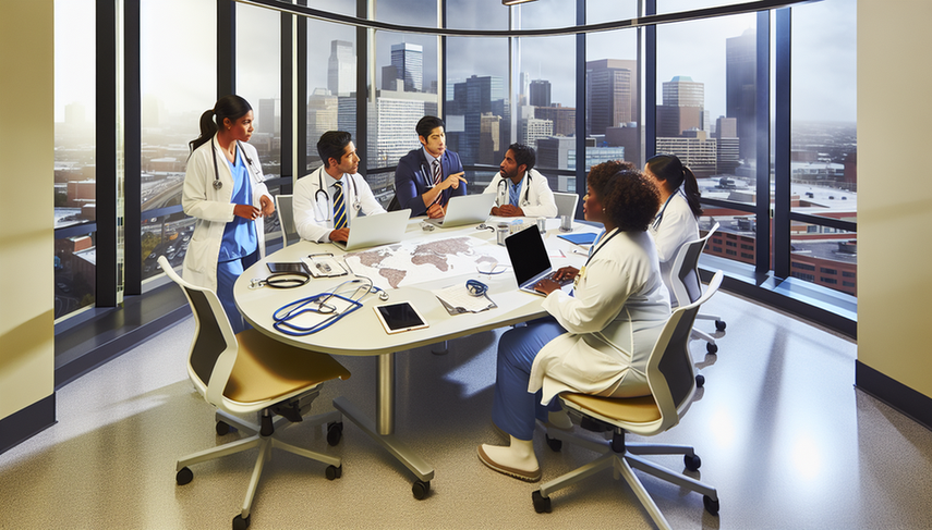 Un grupo diverso de profesionales de la salud, incluyendo una doctora hispana, un enfermero africano y una estudiante de medicina asiática, discuten colaborativamente en una sala de reuniones de un hospital moderno. En la mesa hay laptops abiertas, gráficos médicos y un mapa mundial, simbolizando su compromiso con la atención médica equitativa y la reducción de desigualdades en salud.