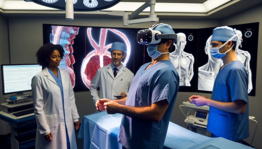 A modern operating room featuring a Hispanic surgeon in his 40s wearing a virtual reality headset to perform a technology-assisted surgical procedure. Surrounding him is a diverse team of medical professionals observing and assisting, while a monitor displays a 3D model of human anatomy, emphasizing the integration of virtual reality in surgical simulation to enhance error reduction in invasive procedures.