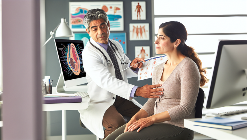 A middle-aged Hispanic woman reviews a medical chart in a modern office while a Hispanic doctor explains something, pointing to a diagram of the nervous system on a screen. The scene reflects clear communication and support, ideal for a blog focused on multiple sclerosis diagnosis, initial symptoms, brain MRI findings, and differentiation from neuromyelitis optica.