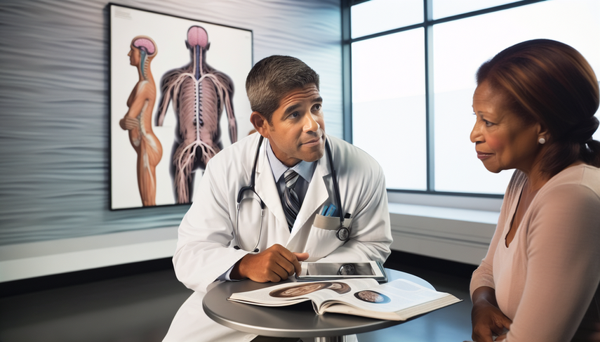 Medical consultation in a professional setting where a middle-aged Hispanic doctor explains to two patients the differences between multiple sclerosis and ALS. On the table, there are open medical books and a tablet displaying a brain magnetic resonance imaging, highlighting the neurological focus of the discussion. In the background, an anatomical poster of the nervous system reinforces the topic of progressive weakness and electromyography.