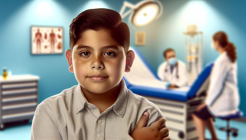 Close-up of an 8-year-old Hispanic boy in a medical examination room, displaying cutaneous signs of tuberous sclerosis, such as hypomelanotic macules on the arms and face. This educational and professional image highlights skin features relevant for the differentiation of neurofibromatosis and emphasizes the importance of genetic evaluation in diagnosing conditions like seizures and facial angiofibromas.