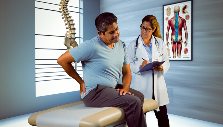 Medical consultation in an examination room, featuring a middle-aged Hispanic patient in a hospital gown expressing discomfort in the lower back. A Hispanic female doctor in her 40s listens attentively while holding a clipboard. On the wall, there are anatomical charts of the spine, and a spinal model on a nearby desk, emphasizing the focus on spinal health and the importance of differentiating between ankylosing spondylitis and mechanical low back pain, as well as assessing lumbar stiffness and axial inflammation using the Schober test.