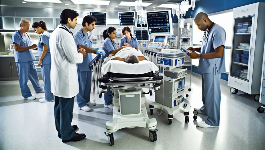 Equipo médico diverso en una sala de emergencias moderna estabilizando a un paciente politraumatizado. El paciente, un hombre hispano de mediana edad, está rodeado de monitores y equipos médicos. Los doctores y enfermeras, en scrubs, trabajan en equipo, ajustando un goteo intravenoso y verificando signos vitales, reflejando eficiencia y colaboración en el manejo de vías aéreas y control de hemorragias.