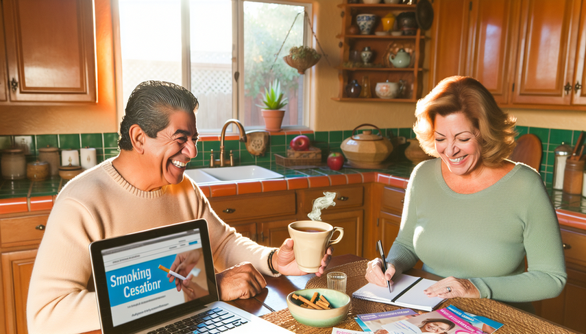 A middle-aged Hispanic man and woman sitting at a well-lit kitchen table, smiling as they explore a smoking cessation support website on a laptop. The man holds a cup of herbal tea while the woman takes notes in a notepad. The table features brochures on nicotine replacement therapy and smoking cessation strategies, along with a small potted plant symbolizing growth and new beginnings. The warm and encouraging atmosphere reflects a positive approach to quitting smoking.