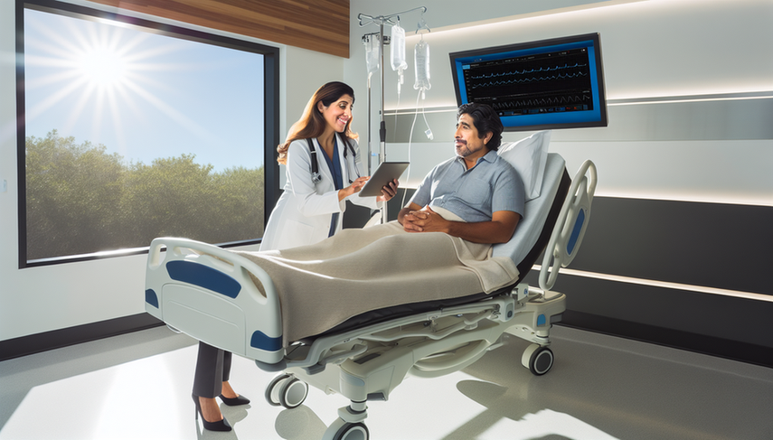 Modern hospital room focused on technology and patient care. A Hispanic male patient in his 40s is sitting on the bed, looking at a digital tablet. Next to him, a Hispanic female doctor in her 30s, wearing a white coat and stethoscope, is explaining something on the screen with a smile. The atmosphere is professional, highlighting the integration of analytical AI in enhancing patient experience and user satisfaction through online feedback for continuous improvement.