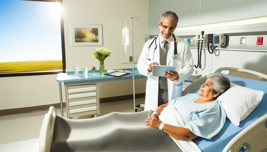A middle-aged Hispanic doctor carefully reviews a patient's medical history on a tablet in a well-lit hospital room. In the background, a frail elderly Hispanic woman, with a look of trust, is seated on a hospital bed. The scene conveys an atmosphere of proactive medicine focused on risk assessment and complication prevention for frail patients.
