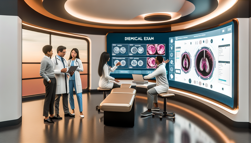 Un grupo diverso de médicos, incluyendo un hombre hispano y una mujer asiática, discuten frente a una pantalla digital que muestra preguntas de exámenes médicos adaptativos. La sala de examen es moderna, con tecnología avanzada y mobiliario contemporáneo. En una mesa lateral, un portátil muestra una interfaz de plataforma de exámenes impulsada por IA, destacando la integración de la inteligencia artificial en las evaluaciones médicas.