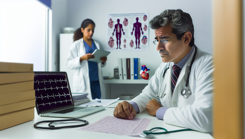 Fotografía de una oficina médica moderna con un doctor hispano de unos 40 años examinando un electrocardiograma. Lleva una bata blanca y un estetoscopio, mostrando una expresión de concentración. A su lado, una doctora hispana de unos 30 años sostiene una tableta, discutiendo con él. El ambiente refleja un enfoque profesional en el diagnóstico de arritmias cardíacas.