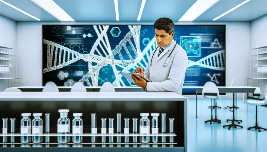 Un médico hispano de unos 40 años, con bata blanca, examina una tableta digital con datos genéticos y algoritmos de IA en un laboratorio moderno centrado en farmacogenómica. Detrás, una pantalla muestra un modelo 3D de ADN con flujos de datos digitales, simbolizando la integración de genómica e inteligencia artificial. En una mesa cercana, hay viales y tubos de ensayo etiquetados con diferentes medicamentos, representando la medicina personalizada. El entorno refleja innovación tecnológica en la atención médica.