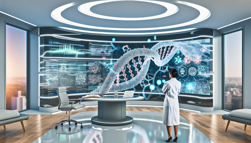 Una doctora hispana de unos 40 años, con bata blanca, observa atentamente una pantalla digital que muestra un modelo 3D de una hélice de ADN y estructuras moleculares, junto con gráficos de análisis de datos y algoritmos de IA. La escena refleja un entorno moderno de oncología de precisión, destacando la integración de inteligencia artificial en el tratamiento personalizado del cáncer.