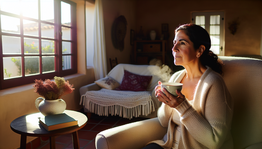 Middle-aged Hispanic woman sitting in an armchair, holding a cup of tea with a relaxed expression while looking out the window in a room bathed in natural light. Next to her, an open book and a vase with fresh flowers, suggesting a calm and tranquil environment, ideal for reflecting on chronic fatigue syndrome, depression, and persistent fatigue, while emphasizing the importance of a multidisciplinary evaluation.