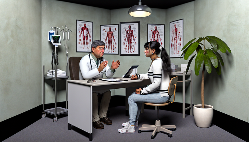 Medical consultation where a middle-aged Hispanic doctor in a white coat and stethoscope attentively listens to a young Hispanic woman describing her symptoms with an expression of intense anxiety. The doctor holds a clipboard with medical notes, and a blood pressure monitor is visible on the desk. The image reflects a professional and empathetic environment, relevant for discussing the differences between pheochromocytoma and panic disorder, particularly in the context of hypertensive crises and catecholamines.