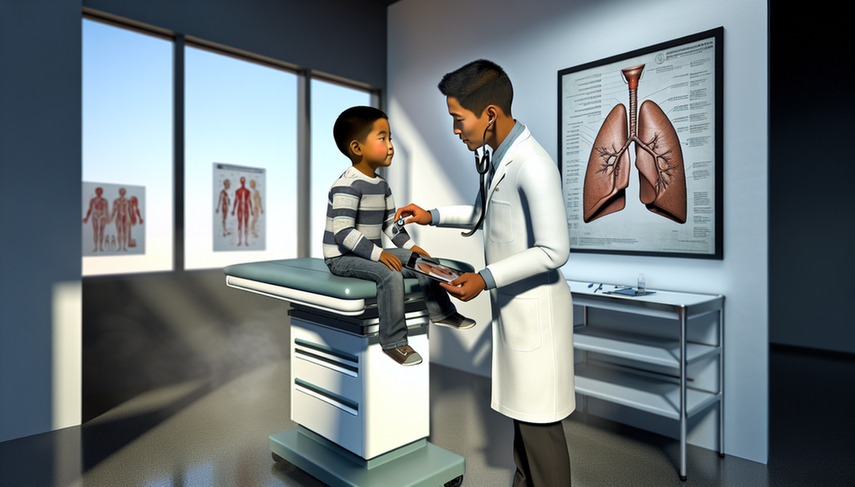 Un pediatra hispano examina a un niño pequeño en una clínica moderna. El médico muestra un modelo 3D de pulmones en una tableta, destacando las vías bronquiales. En el fondo, un póster del sistema respiratorio. La imagen resalta la importancia del diagnóstico precoz y la diferenciación de bronquiectasias en fibrosis quística.