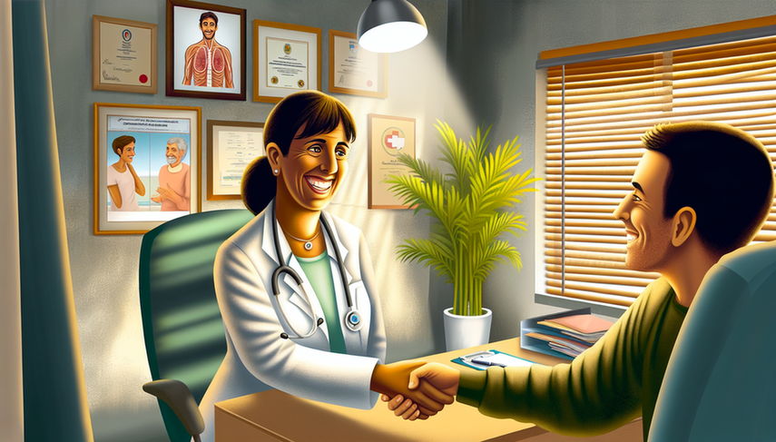 Welcoming medical office in Spain, featuring a middle-aged Spanish doctor in a white coat and stethoscope shaking hands with a young, smiling patient. The scene illustrates a professional and warm environment, enhanced by natural light, plants, and certificates on the wall, emphasizing patient satisfaction, quality of care, and the importance of building patient loyalty for a strong medical reputation.