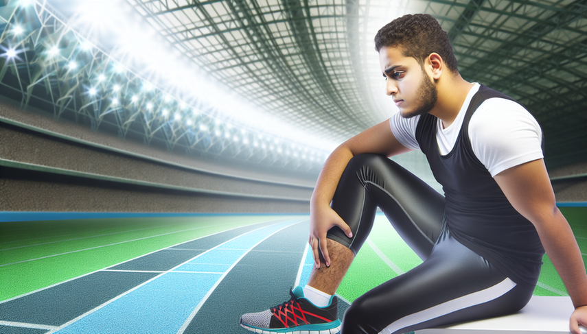 Un joven atleta hispano de 25 años, con expresión de preocupación, toca suavemente su espinilla derecha mientras está sentado en un banco en una instalación deportiva. Lleva ropa deportiva y el entorno sugiere un enfoque en lesiones deportivas, como fracturas por estrés o periostitis tibial.
