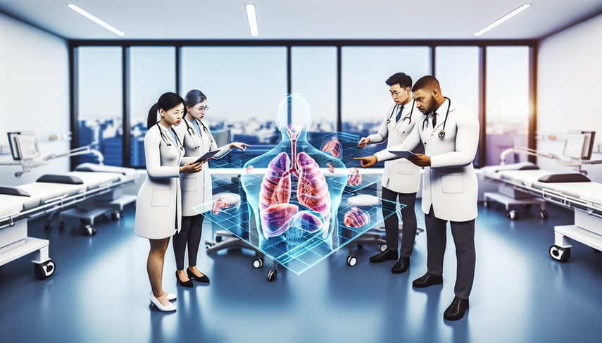 Un grupo diverso de médicos de diferentes orígenes étnicos colabora alrededor de una pantalla holográfica digital en una sala de hospital moderna. La pantalla muestra un modelo 3D de un cuerpo humano con órganos resaltados, simbolizando la integración de la inteligencia artificial en el diagnóstico médico. Los médicos, vestidos con batas blancas, están concentrados y tomando notas en tabletas, en un entorno bien iluminado con equipo médico avanzado, destacando la innovación y tecnología en la medicina.