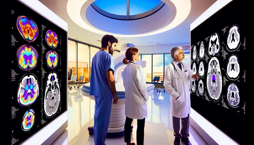 Sala de imagen médica moderna con una pantalla grande mostrando una fusión de escaneos TAC y RMN, destacando estructuras anatómicas con colores vibrantes. Tres médicos, dos mujeres y un hombre, discuten atentamente frente a la pantalla. El entorno refleja un hospital de última generación en España, subrayando la precisión e innovación en el diagnóstico por imagen.