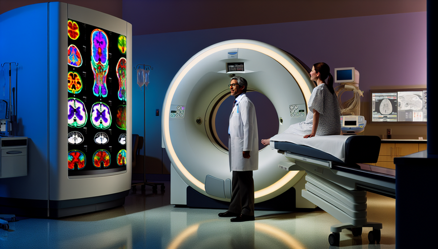 Sala de imagenología médica moderna con un escáner PET-CT de última generación. Un médico hispano de unos 40 años, con bata blanca y gafas, examina atentamente una pantalla digital que muestra resultados de PET-CT, destacando la actividad metabólica en el cerebro y torso. Una paciente hispana en sus 30 años, con bata de hospital, está sentada en la cama, conversando con el médico. La escena resalta la tecnología avanzada y la interacción humana en el diagnóstico nuclear.