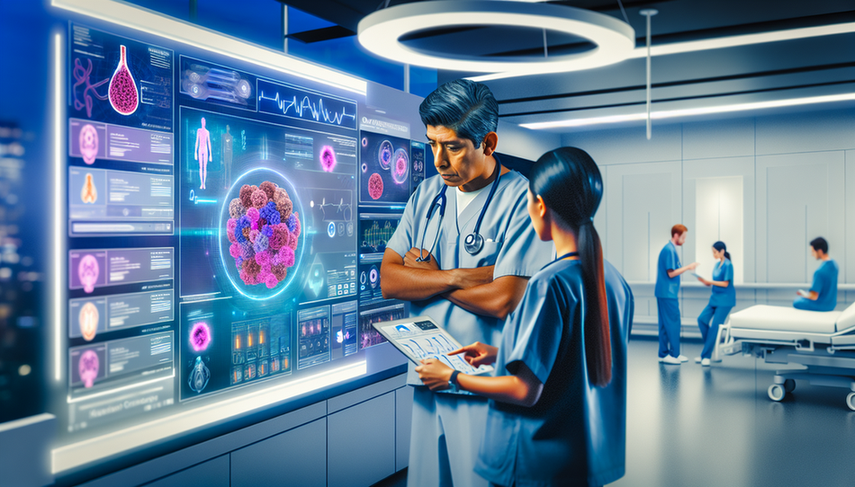 A modern hospital room equipped with advanced technology, where a diverse group of healthcare professionals analyzes oncology data on a digital screen. The screen displays colorful graphs symbolizing data analysis and AI integration. In the background, a doctor reviews information on a tablet. The collaborative environment emphasizes interoperability, health standards, and data security in oncology data management.