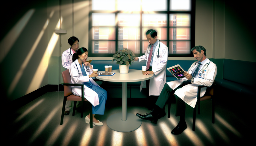 Hospital break room featuring a diverse group of physicians engaging in relaxed conversation around a table. One physician holds a coffee cup while another reviews a chart on a tablet. The atmosphere emphasizes collaboration and support, highlighting the significance of stress management, physician burnout prevention, and clinical practice efficiency for improved work-life quality.