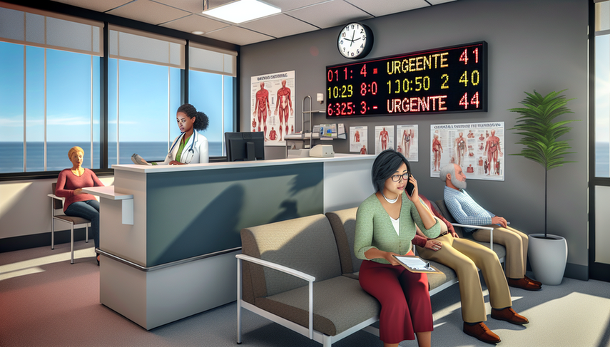 Recepción de una clínica médica moderna con pacientes diversos esperando. La recepcionista, una joven mujer negra, atiende una llamada mientras escribe en la computadora. En la pantalla detrás de ella, se muestra un horario con espacios marcados como 'Urgente'. El ambiente es profesional y ligeramente agitado, con luz natural entrando por grandes ventanas.