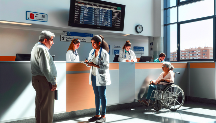 Hospital waiting room in Spain featuring patients and healthcare professionals. A middle-aged Hispanic doctor engages in conversation with a young patient, while an African descent nurse assists an elderly patient in a wheelchair. The environment is organized and efficient, with a digital board displaying wait times and informative posters on the walls, highlighting effective waiting list management and treatment prioritization for optimized patient care.