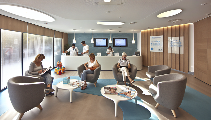 Modern and welcoming waiting room in a Spanish clinic, featuring natural light, contemporary seating, and diverse patients interacting. A Hispanic receptionist assists a patient while a monitor displays wait times and health tips. The organized environment emphasizes patient management and loyalty, minimizing downtime.