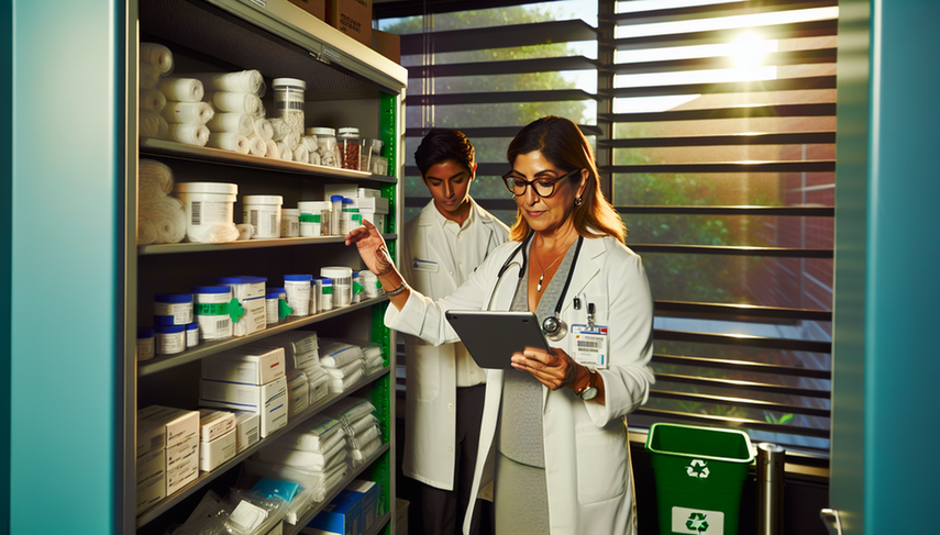 Una doctora hispana de unos 40 años, con bata blanca y gafas, revisa el inventario en una tablet en una sala de almacenamiento médico bien organizada y sostenible. A su lado, un enfermero hispano joven organiza suministros. La sala está iluminada con luz natural, con estantes ordenados y etiquetados, y un contenedor de reciclaje visible, destacando la eficiencia y la conciencia ambiental.