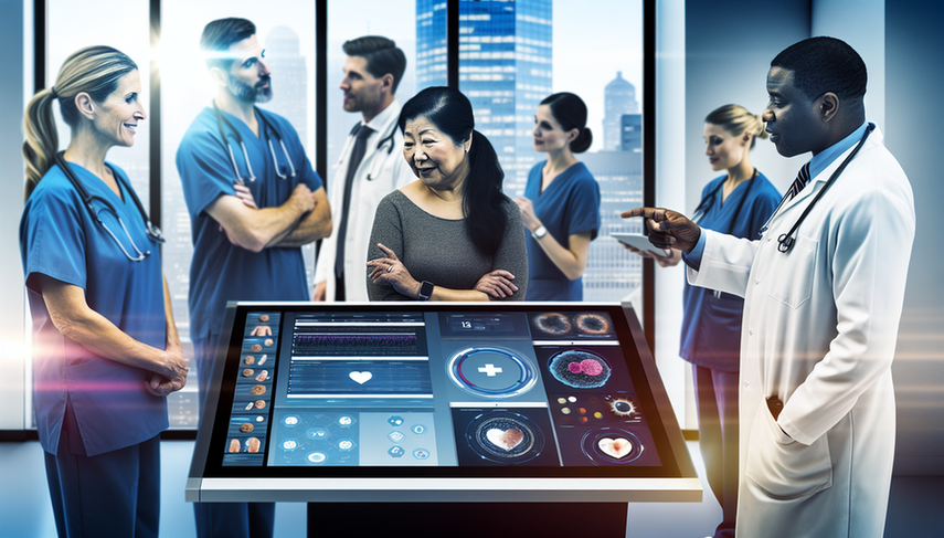 A diverse group of medical doctors and healthcare professionals collaborates in a modern hospital setting, focused on an interactive touchscreen displaying a complex medical database. A Hispanic female physician leads the discussion on patient data and graphs, while her colleagues from various ethnic backgrounds listen attentively. A nurse accesses information on a tablet, highlighting the integration of AI in knowledge management and decision support for continuous updating in medical practice.