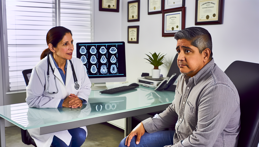 A middle-aged Hispanic patient with a concerned expression attentively listens to a Hispanic doctor explaining the results of a magnetic resonance imaging (MRI) scan. The image on the screen highlights areas suggesting a possible diagnosis of glioblastoma. This interaction underscores the importance of communication in the early diagnosis of neurological symptoms such as persistent headache and epileptic seizures.