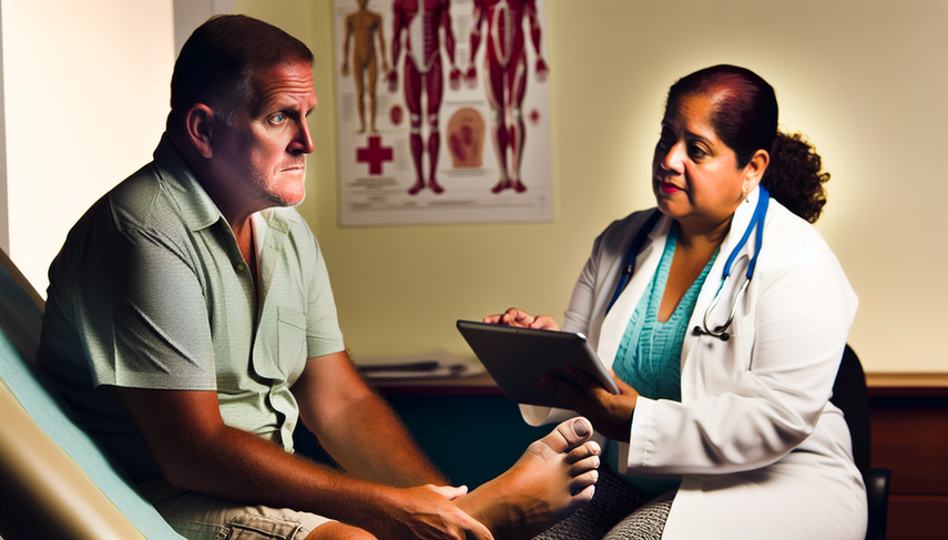 Medical consultation with a middle-aged Hispanic patient presenting with a swollen and reddened big toe, indicating possible gout. A Hispanic doctor examines the foot while holding a tablet displaying an X-ray image showing crystal deposits. The scene emphasizes the professional and empathetic interaction between the physician and patient, highlighting the importance of diagnosing crystal arthropathy, including gout and pseudogout, in the context of hyperuricemia and pyrophosphate crystals.