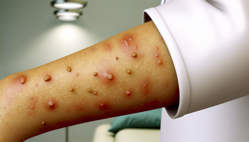 Close-up of a light brown forearm displaying vesicular lesions. On the left, clustered and reddened vesicles typical of shingles. On the right, red patches with scattered vesicles characteristic of contact dermatitis. Medical office background, suggesting a clinical examination context.