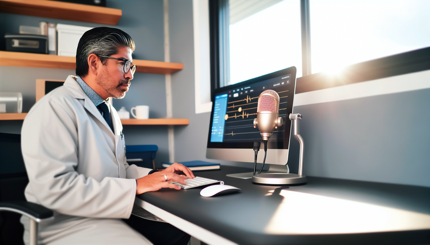 Modern medical office featuring a Hispanic doctor in a white coat and glasses, focused on a computer screen. The desk includes a high-quality microphone and a laptop equipped with voice recognition software. Natural light brightens the room, which has medical books and a stethoscope on a shelf, showcasing a professional and technological environment ideal for rapid documentation in electronic health records using dictation tools.