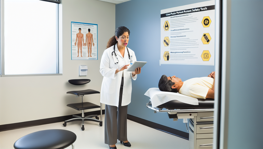 Middle-aged Hispanic female doctor in a modern medical office, explaining patient safety protocols to a Hispanic patient. The doctor holds a tablet displaying a safety checklist. In the background, a poster highlights key patient safety measures. The environment conveys professionalism and care in outpatient care, emphasizing the importance of assessment tools to reduce medical errors.