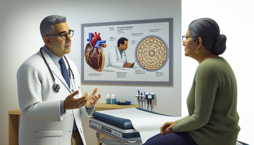 Medical consultation where a middle-aged Hispanic doctor in a white coat and stethoscope explains a diagnosis to a middle-aged Hispanic patient. On the wall, a diagram compares pulmonary hypertension and heart failure, highlighting differences in the heart and lungs. The professional and calm environment features organized medical equipment, emphasizing the importance of Doppler echocardiogram in assessing pulmonary arterial pressure and fatigue in patients.