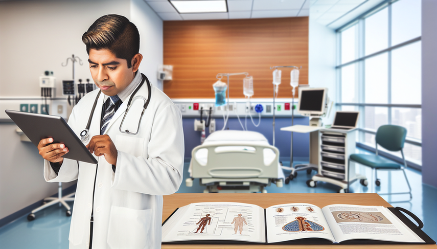 A Hispanic doctor in his 40s carefully reviews a patient's medical history in a modern hospital setting, while a Hispanic nurse holds a tablet displaying a diagram on sodium balance. In the background, a hospital room is visible with medical equipment and open books on hyponatremia and SIADH on a nearby table. This image emphasizes the importance of understanding sodium disturbance mechanisms, particularly in relation to electrolyte disorders, plasma osmolarity, and water retention.